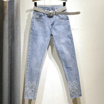 

Light Blue Skinny Pants Women's Spring and Summer New Beads Slimming Pencil Pants Tight-Fit Village Denim Jeans Nancylim