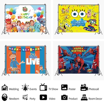 

Cartoon Anime Blippi Cocomelon SpongeBob Theme Party Backdrop Kids Birthday Party Decoration Studio Photography Background Props