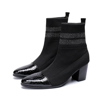 

slip-on black New style ankle boot fashion Mid heel Socks shoes pointed toe Martin boots men size 38-46