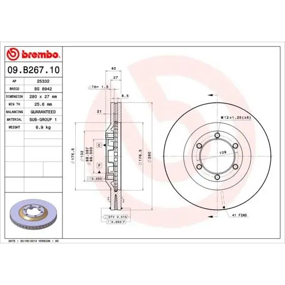 Диск тормозной передний Isuzu D-Max 2.5 DDi/3.0D 06 BREMBO 09.B2