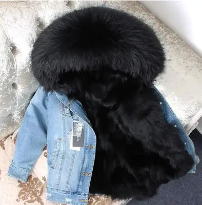 fox fur lined Джинсовая куртка с натуральным лисьим мехом, зимняя куртка, длинная, стильная, из енота, с большим меховым воротником, с капюшоном, женское теплое зимнее пальто, верхняя одежда, парки - Цвет: fox fur lined