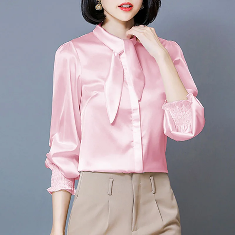 Blusas Mujer De Moda 2019 осенние модные офисные женские рубашки с длинным рукавом и бантом женские Однотонные блузки на каждый день женские топы 6225 50