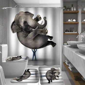 

New 4PCS Elephant Waterproof Bathroom Polyester Shower Curtain Anti Slip Toilet Cover Mat Non-Slip Floor Mat Rug with 12 Hooks