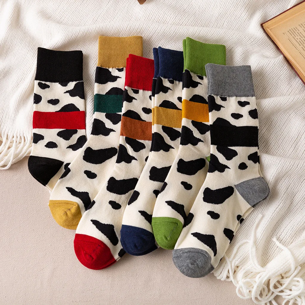 Women's Trend Cow Printing Bright Color Socks In The Tube Casual Cotton Socks Female Socks Funny Socks