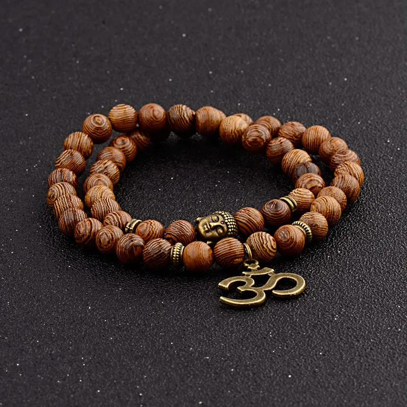 Multilayer Wood Beads Buddha Lotus OM Bracelet Tibetan Buddhist Mala Charm Rosary Bracelet - Image 4