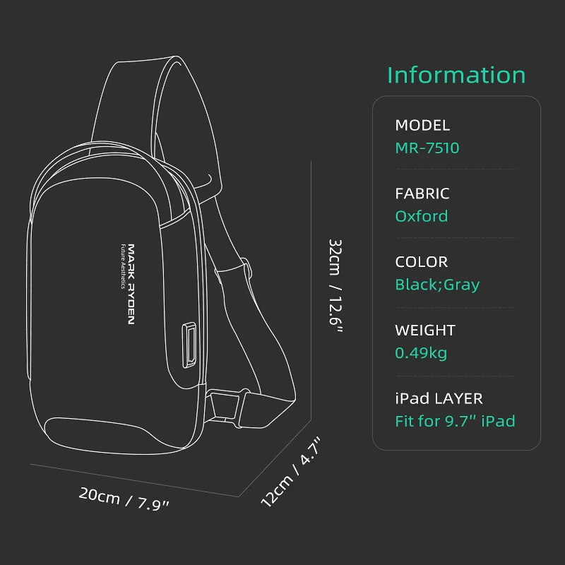 Mark Ryden Anti-theft Male Crossbody Bag USB Charging Shoulder Bag Water-resistant Messenger Sling Bag Short Trip Men Chest Bag