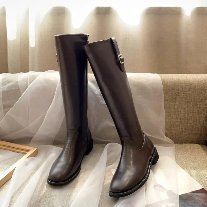 Coolcept/женские сапоги до колена; модные офисные сапоги на низком каблуке с квадратным носком и металлической пряжкой на молнии; женские зимние высокие сапоги; Размеры 35-40