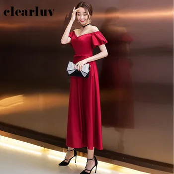 

Short Sleeve Evening Dress R220 Burgundy Crystal Party Dress For Girls Ankle-Length Formal Gowns A-Line Pleat Vestidos De Fiesta