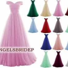 Angelsbridep Off-Shoulder Tulle A-Line Bridesmaid Dresses 2021 Formal V-neck Pleat Wedding Guest Evening Party Dresses Lace-up