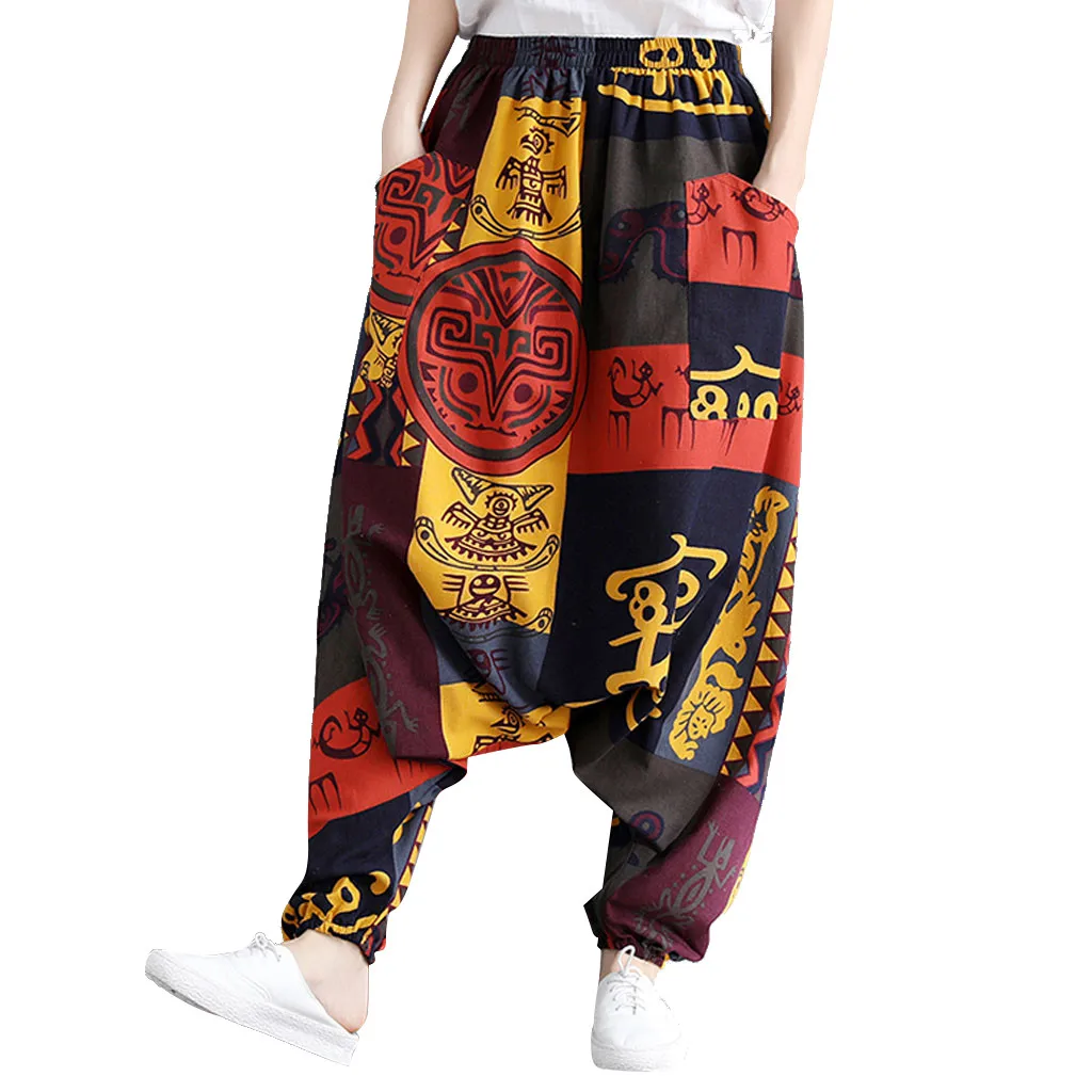 

Summery Womens Loose Pants Trousers Baggy Hippie Boho 2019 Casual Printed Aladdin Cotton Linen Harem Pants Fashion 7.27