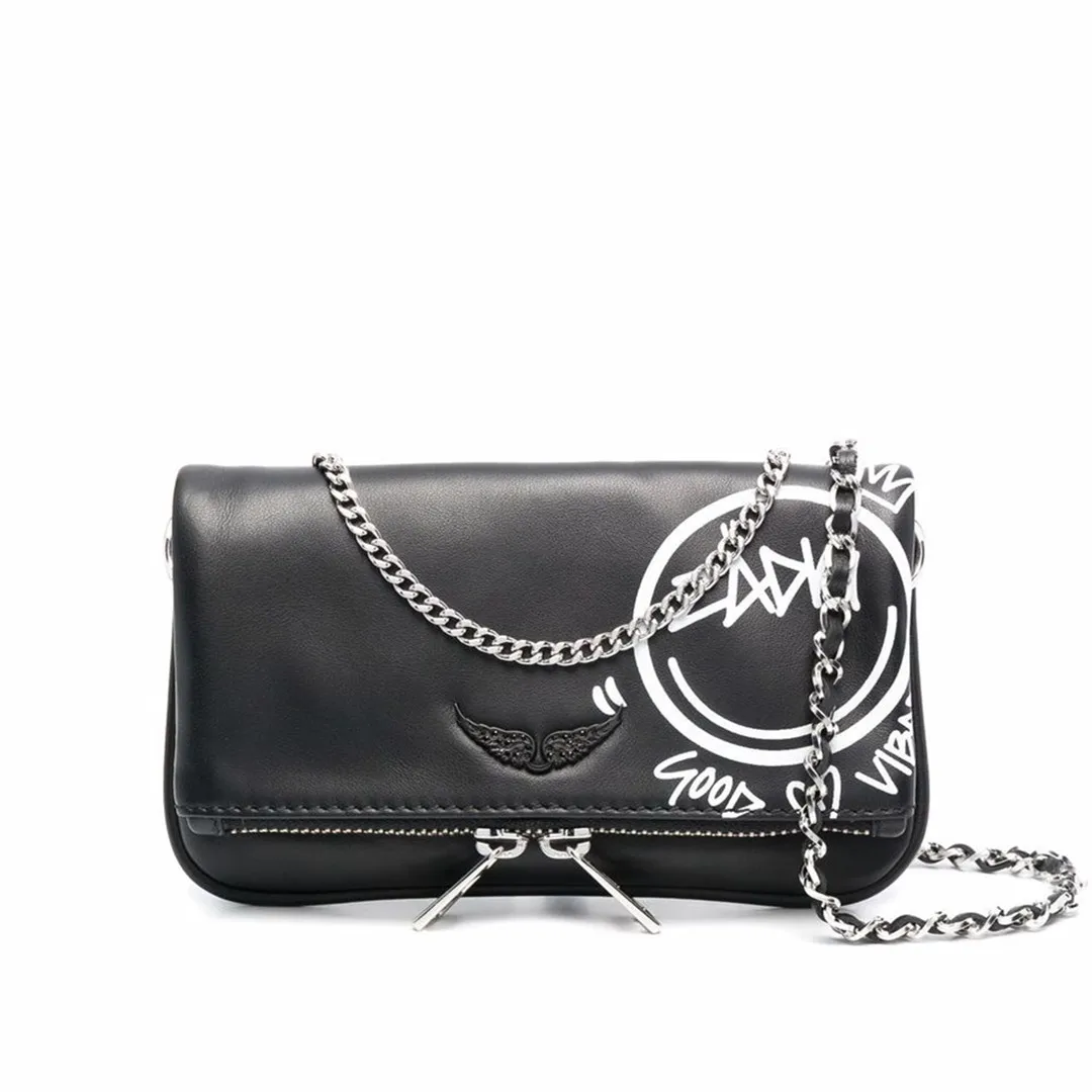 Women's Letter Smiley Print Mini Clutch Bag Wings Decoration Genuine Leather Smooth Black Metal Chain Female Shoulder Bags | Багаж и