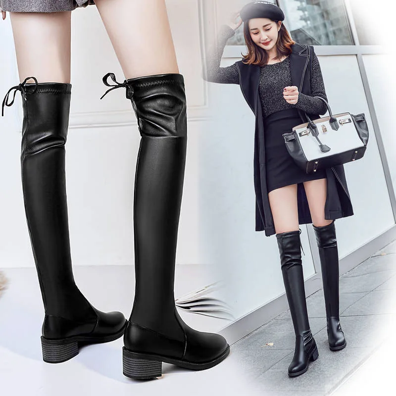 

2019 New Style Europe And America-Style Chunky-Heel round-Toe Over-the-knee Boots Women's Boots -Style Leather Elasticity Tie-B