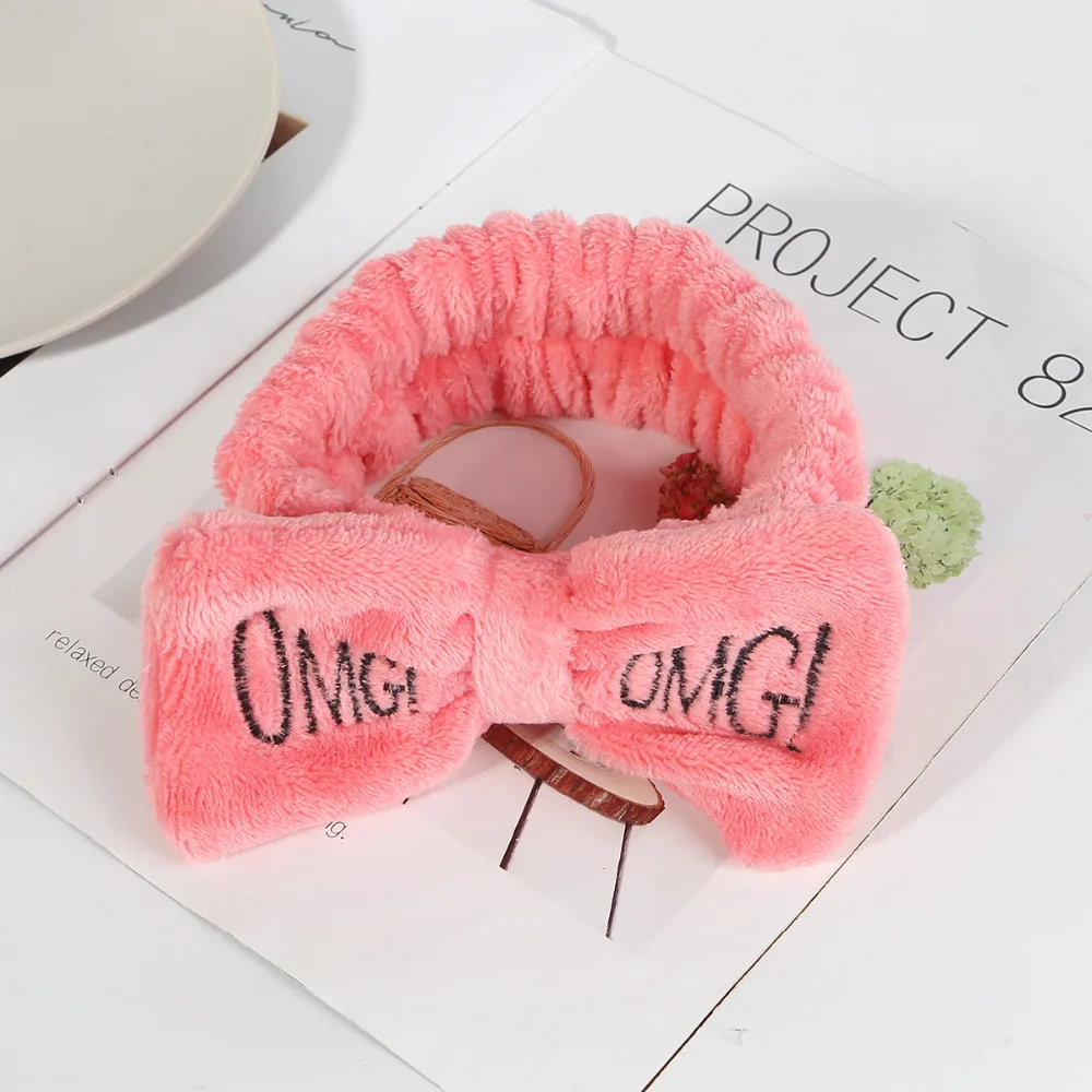 Новая мода смешанные цвета OMG буквы коралловый флис мыть лицо ободок с бантиком для женщин девочек эластичные повязки на голову аксессуары для волос в виде тюрбана