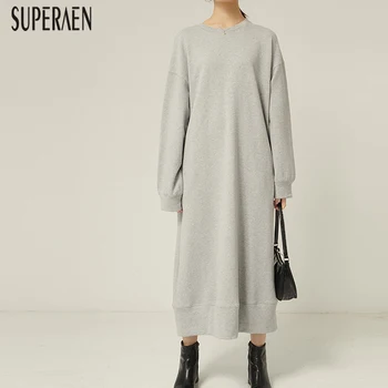 

SuperAen 2020 New Fashion Women Dress Solid Color Cotton Casual Ladies Dress Long Sleeve Spring Round Collar Women Cothing