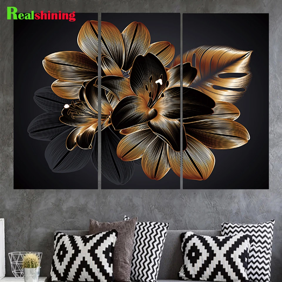 Full Square Round Drill Diamond Embroidery Golden Lily Flowers 5D Diy Painting Mosaic Abstract art Triptych Decor J58 | Дом и сад