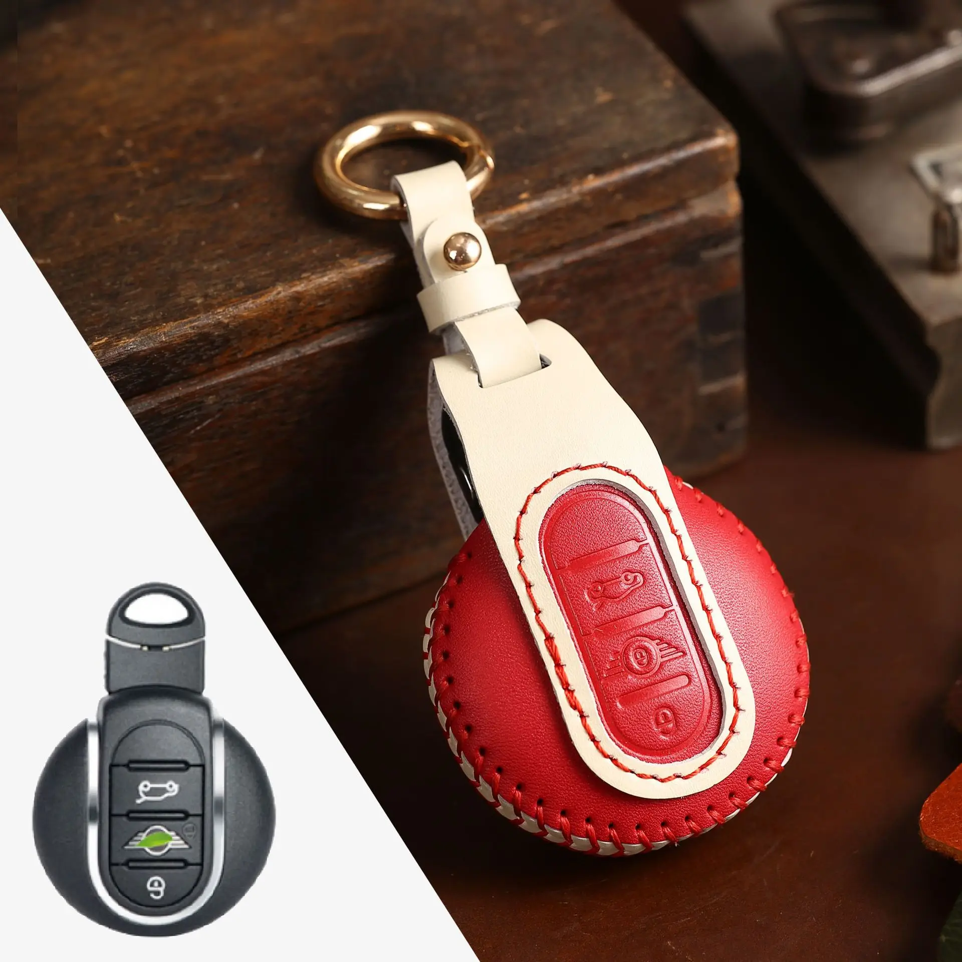 Vitodeco Genuine Leather Smart Key Fob Case Cover Protector with Leather Key Chain for Mini Cooper 2015-2020 3 or 4 Buttons, Black Mini Cooper Clubman 2015-2020 