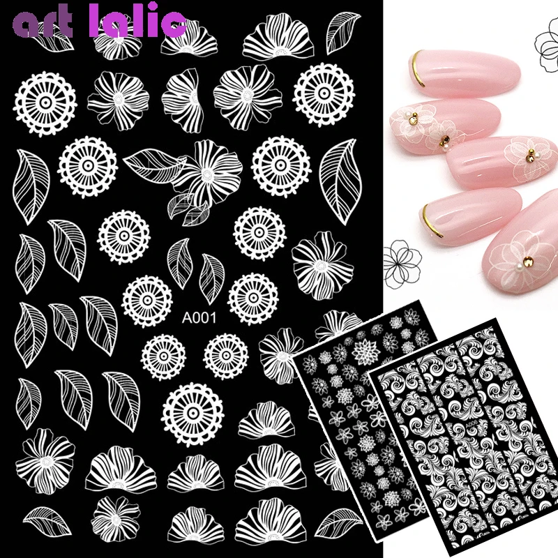 

1Pc 3D Nail Sticker White Retro Lace Flower Hollow Geometry Lines Decals Self-Adhesive Manicure Tips Nail Art Decorations