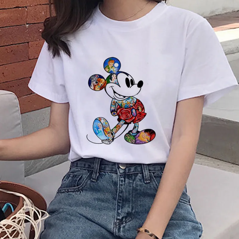 Harajuku/футболка с принтом мышки из мультфильма «Король Лев», модная футболка с круглым вырезом и короткими рукавами, белая рубашка, женская одежда