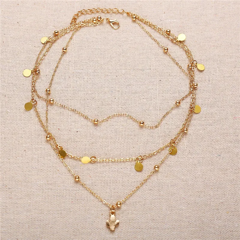 NEWBUY золотая цепочка Колье чокер Бохо для женщин Многослойные кактус геометрический кулон ожерелье вечерние аксессуары