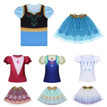 

Girls Princess Elsa Anna Skirt T Shirt 2 Pcs Set 3-8 Age Bow Mesh Dress Sets Clothing Sets Children's Fashion Suits