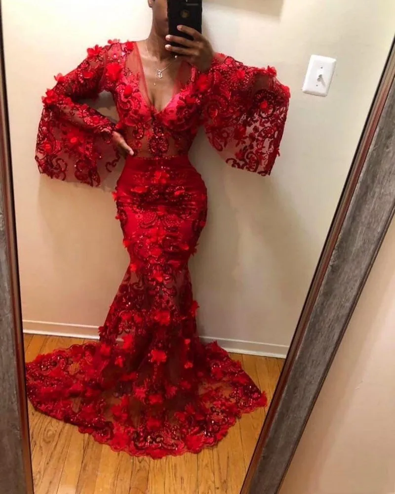 

Elegant Mermaid Black Girls Red Prom Dresses 2020 Deep V Neck Long Sleeve Sequines Party Gowns Evening Dress vestidos de fiesta