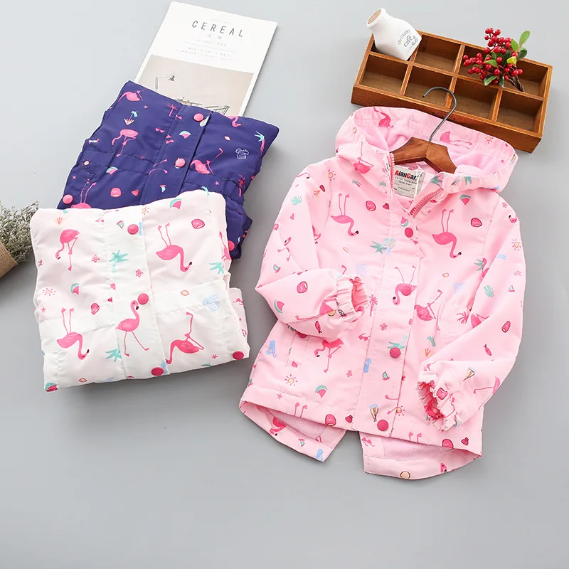 

Windbreaker Girls Jacket For Child Hooded Flamingo pattern Polar Fleece Girls Outerwear Coat 2-8T Kids