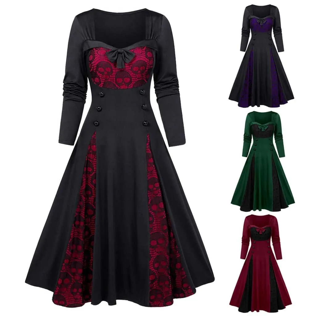 

New Dresses Vintage Women Long Dress Plus Size Halloween Gothic Clothes Skull Lace Insert Mock Button Bowknot Dress robe femme