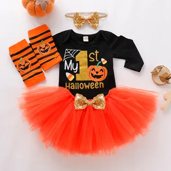 

Toddler Kid Baby Girls Halloween Letter Print Romper+Solid Tutu Skirts With Bow+Solid HairBand+Leg Warmer Autumn Fashion Outfits