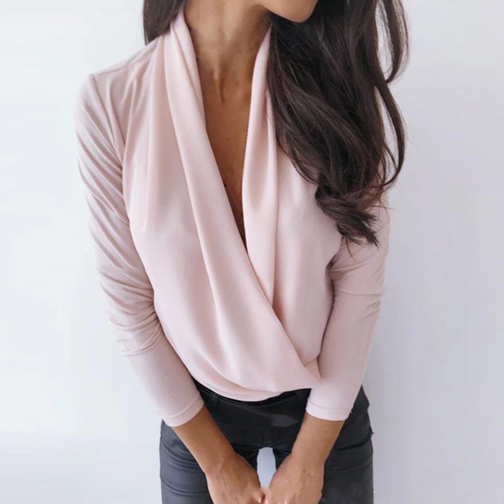 Женская Осенняя блузка с глубоким v-образным вырезом однотонная длинным рукавом