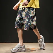 0719 летняя с цветочным принтом хлопковая льняная короткая мужская эластичная талия плюс размер свободные Ретро Короткие мужские s Японская уличная Мужская короткая