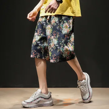 

#0719 Summer Floral Printed Cotton Linen Short Men Elastic Waist Plus Size Loose Retro Short Mens Japanese Streetwear Man Short