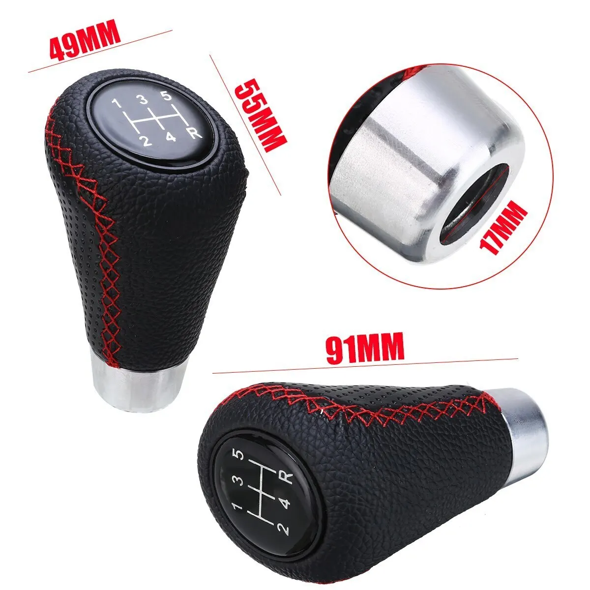5 Speed Genuine Leather Gearstick Head Knob Red Stitch Car Gear Stick Shift Knob Universal Manual for Car Interior Accessory