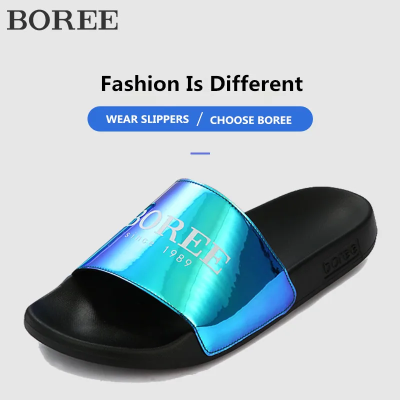 

BOREE Summer Home Men Slippers Simple Blue Shoes Non-slip Bathroom Slides Flip Flops Couples Indoor Women Platform Slippers