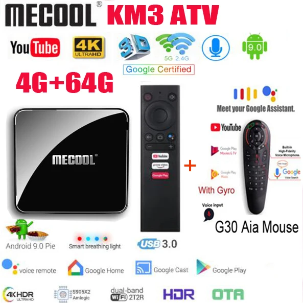 ТВ приставка MECOOL KM3 A TV Android tv 9 0 сертификация Google 4 ГБ 64 Amlogic S905X2 4K 2 4G 5G двойной Wi Fi BT4.0