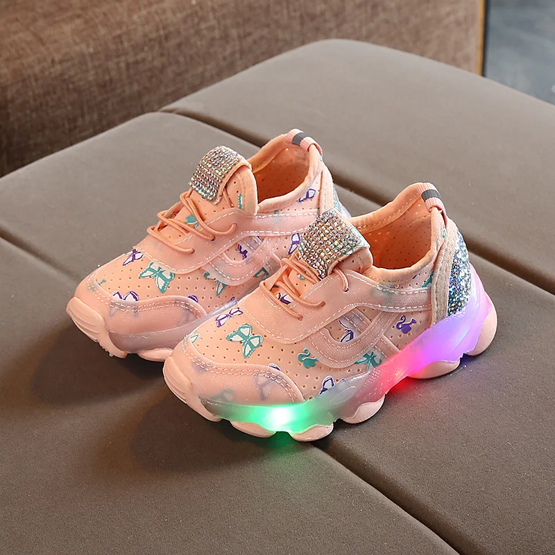Розовый JUSTSL Autumn New Children's Light LED Sports Baby Boys Girls Fashion Sneakers Kids Breathable Casual Shoes - Цвет: Розовый