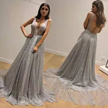 

New Sexy Style Female Backless Sequin Prom Dresses V-neck Maxi dress Evening Dress Custom
