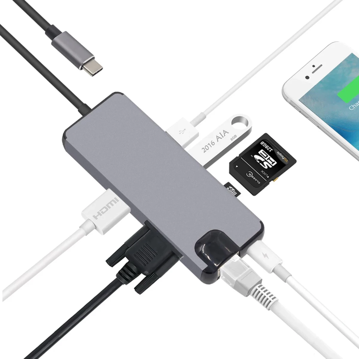 USB 3,1 type-C USB-C к HDMI и двумя портами 3,0 хаб и Ethernet и питание для портативных ПК и Macbook