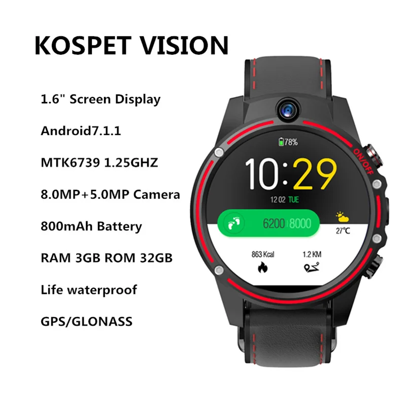 Vision red Kospet VIsion Смарт часы Android телефон 3 ГБ 32 ГБ Двойная камера Спортивные gps Smartwatch человек для apple IPhone HUAWEI часы GT pro - Цвет: Vision red