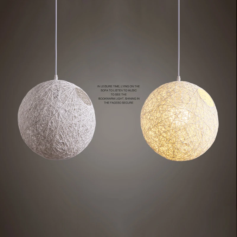White Bamboo, Rattan And Hemp Ball Chandelier Individual Creativity Spherical Rattan Nest Lampshade