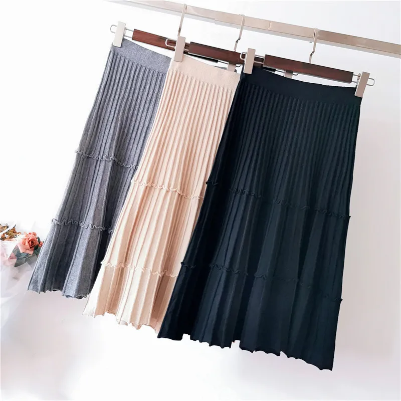 

2019 Winter Women Midi Skirts Korean Casual Ladies A-line Ruffle High Waist Solid Knitted Knitted Long Sweater Skirt Ladies