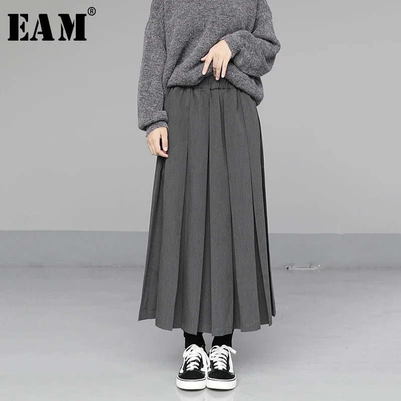 

[EAM] High Elastic Waist Gray Pleated Split Joint Temperament Half-body Skirt Women Fashion Tide New Spring Autumn 2020 1N550