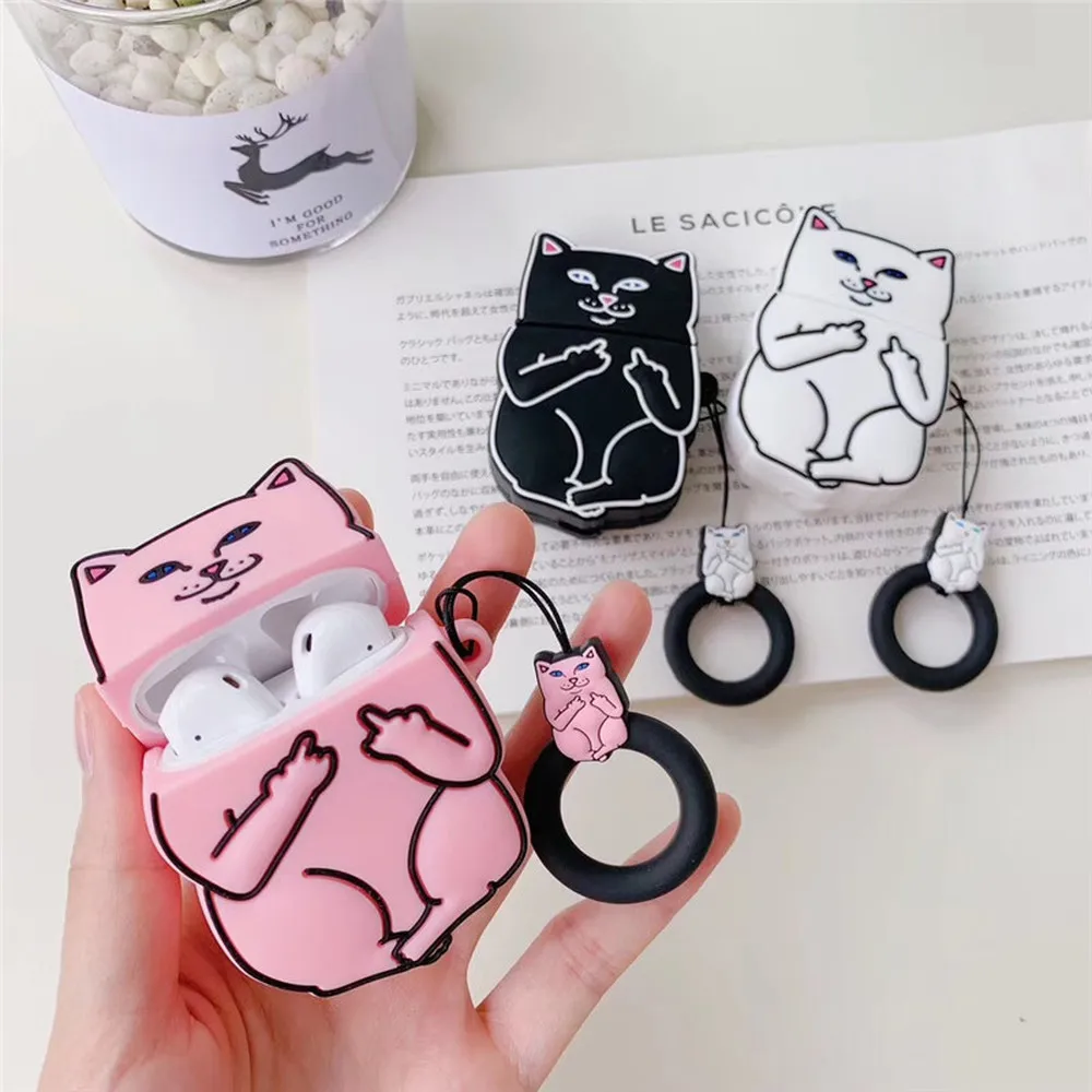 

Cartoon Case for AirPods Cute Cover Silicone Bluetooth Earphone Protective Case for Apple Airpods 2 Finger Ring 3D Despise Cat