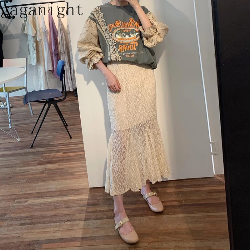 

Gaganight Fashion Women Two Pieces Set Lace Patchwork Letters Print Hoodies Solid Chic Long Skirt Casual Girls Outfits Suit 2020