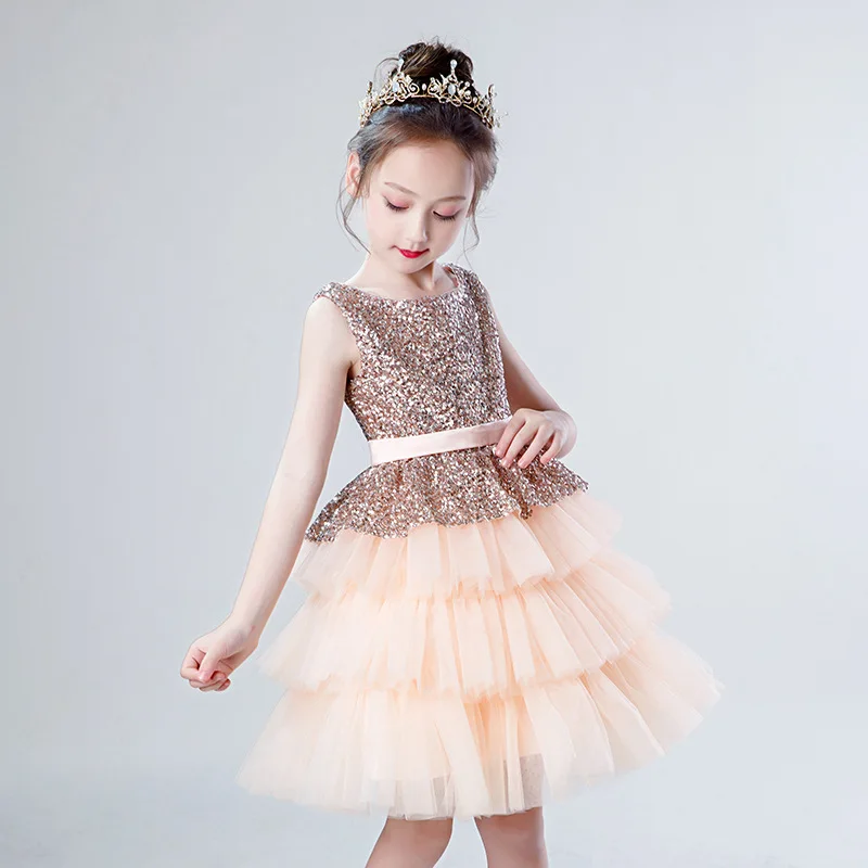 Нарядное платье принцессы из тюля с блестками и цветком для девочек, золотистого и розового цвета детское платье для вечеринки, дня рождения, свадьбы, рождественское платье, одежда для детей возрастом от 3 до 11 лет - Цвет: Розовый
