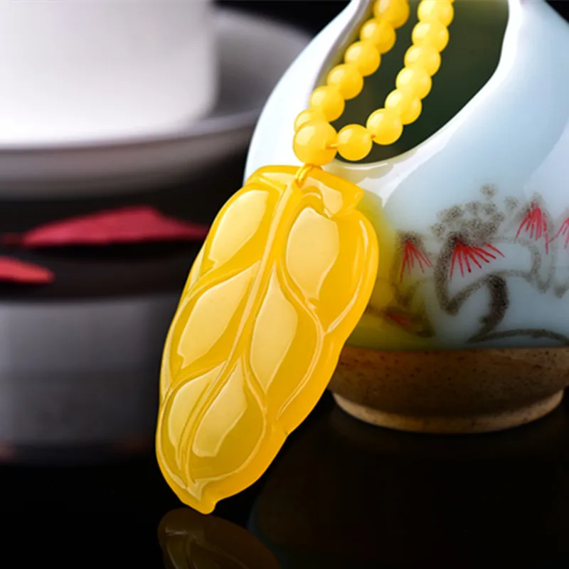 Natural Beeswax Amber Leaves Golden Branches and Jade Simple Necklace Pendants for Men Women. | Украшения и аксессуары