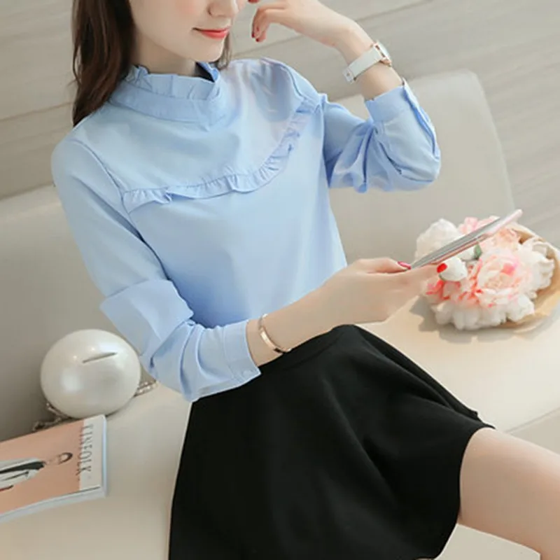 Женская шифоновая блузка на весну и лето, элегантные женские офисные рубашки с круглым вырезом, корейская мода, повседневные тонкие топы, одноцветные