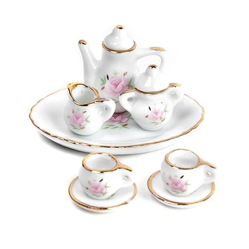 

8 pcs. Dollhouse miniature restaurants goods porcelain tea set plate cup plate flower print
