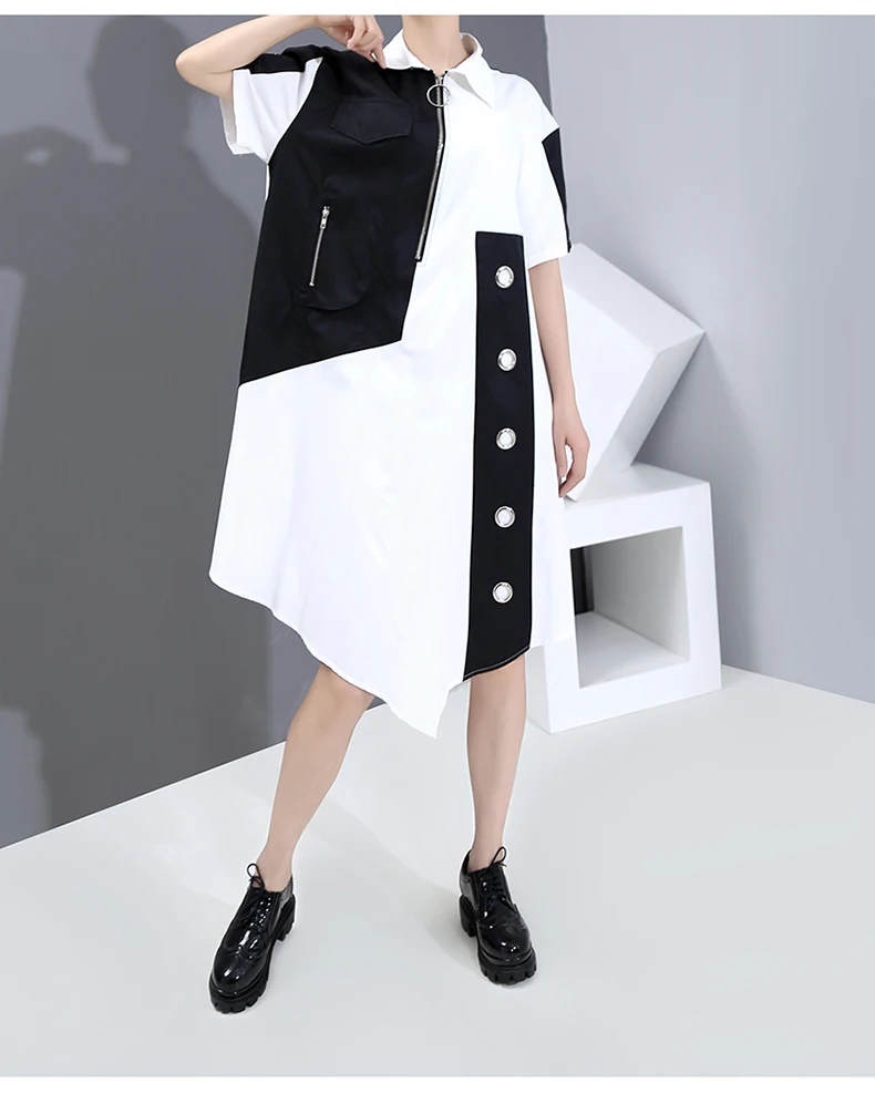 New Fashion Unique Style Tide Shirt Dress Zipper Pocket Patchwork Plus Size Dresses