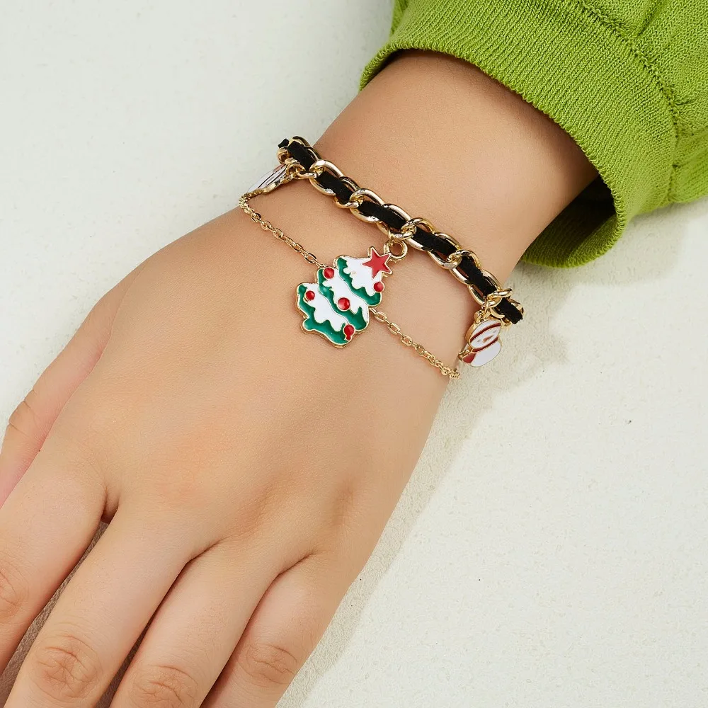 Rinhoo Christmas Adjustable Bracelets Women Santa Claus Elk Xmas Tree Gloves Wreath Snowman Moon Bells Double-layer Bracelets