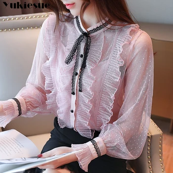 

Fashion Women tops and Blouses 2019 Long Sleeve ruffless Shirt Women Chiffon lace Blouse Shirt White OL Blouse top female Blusas
